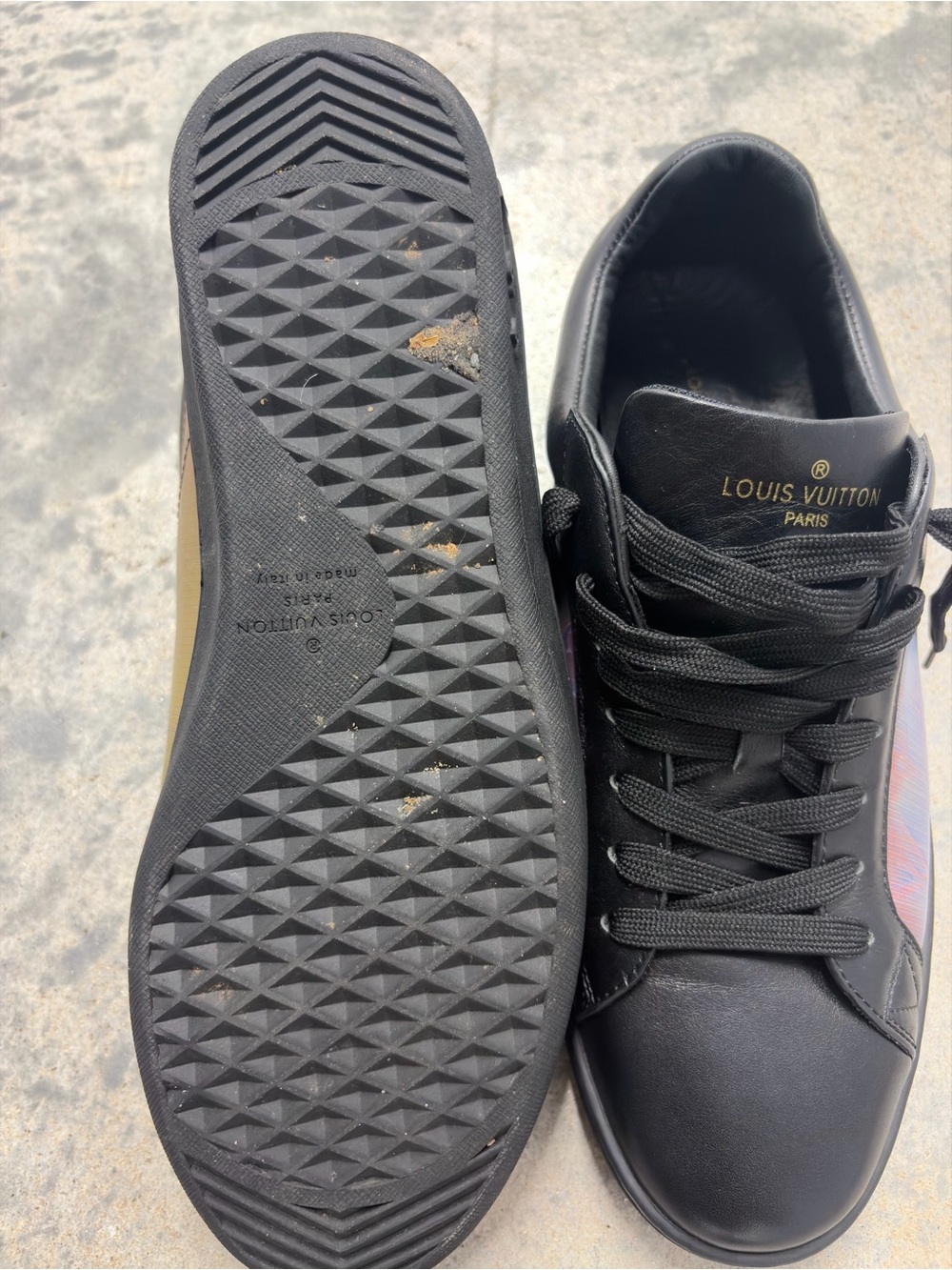 Louis Vuitton Black Leather Low-Top Sneakers with Iridescent Panels - Picture 3 of 8